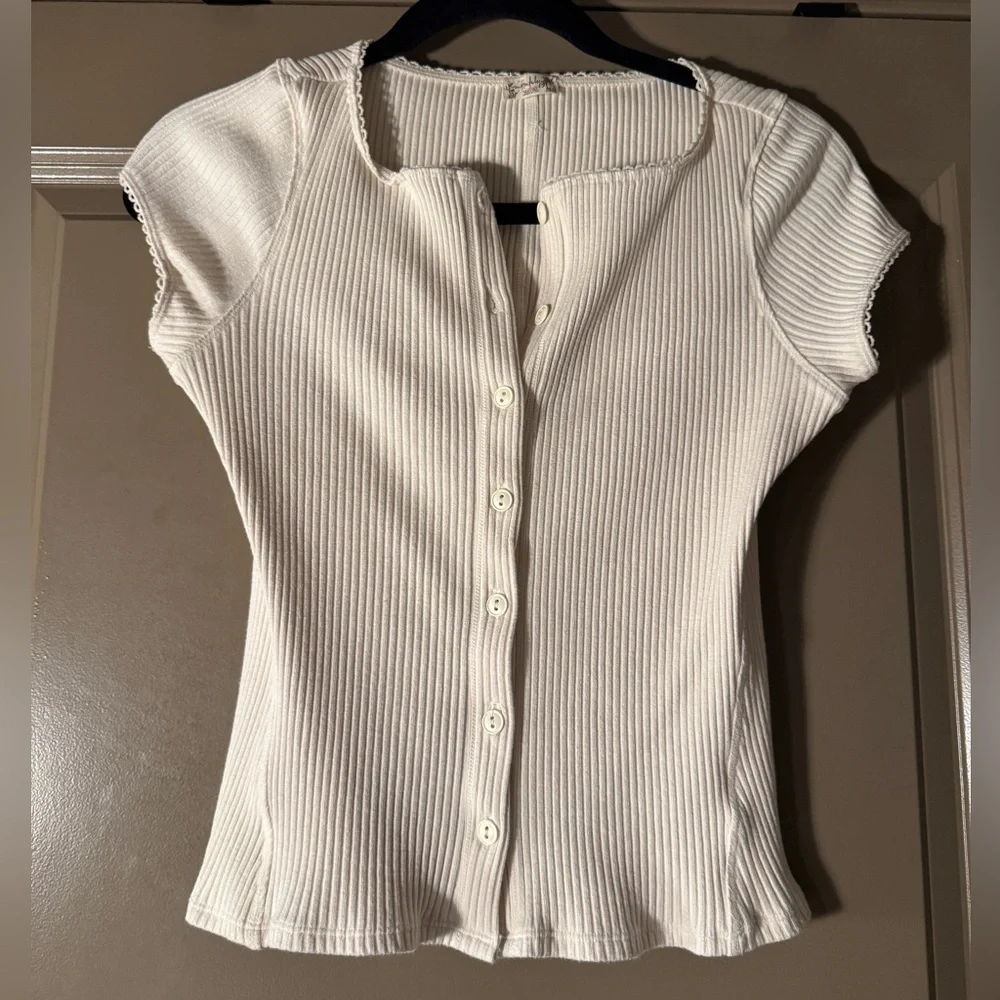 Free People Ivory Button-Down Ribbed Top - Picture 1 of 4